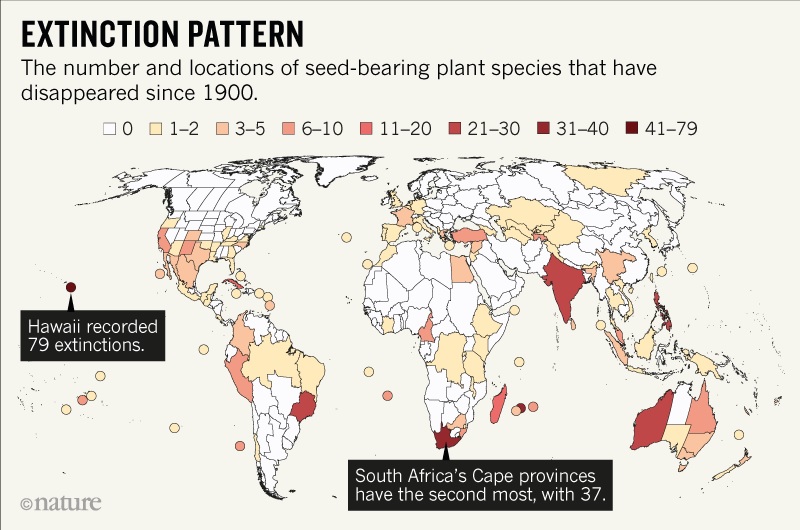 Mapa de extincións de plantas desde 1900. Fonte: Humphreys et al.