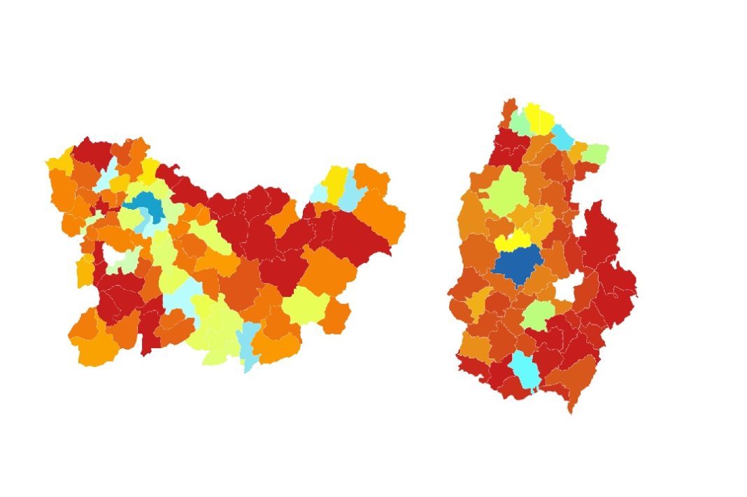 Mapas coa diferenza de poboación de Lugo e Ourense entre 1900 e 2018. Fonte. INE / Elaboración propia.