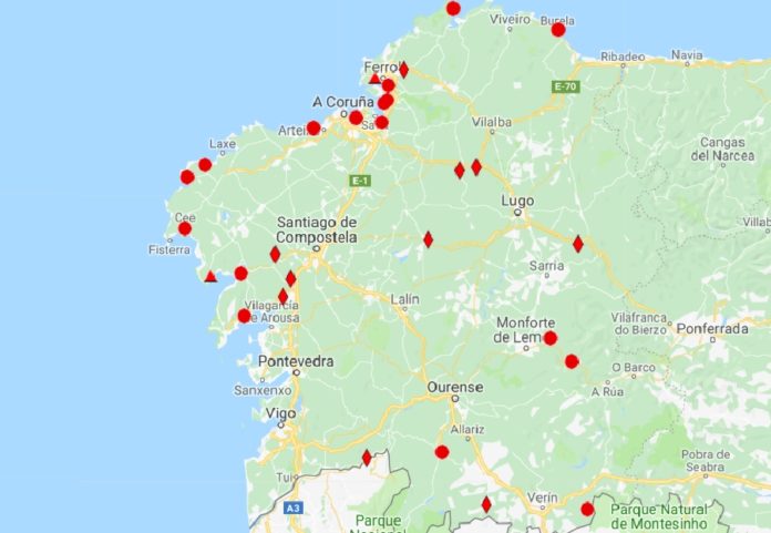 Praias galegas e zonas de baño con augas de calidade insuficiente. Fonte: Consellería de Sanidade.