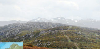 Crestón dos Pichos, con Pena Trevinca ao fondo, preto da lagoa onde se ubica o punto máis afastado da liña de costa en Galicia (ver recadro inferior á esquerda). Imaxe cedida por Antonio Fernández.