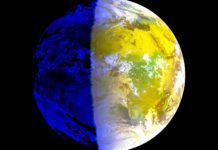 O equinoccio de outono chega, tal e como se ve na imaxe dos satélites, coa liña do día e a noite case paralela aos meridianos. Fonte: Eumetsat/MeteoGalicia.