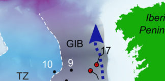 Lugares estudados na investigación dos fósiles dos fondos mariños. A frecha azul indica a dirección da corrente. Fonte: Scientific Reports.