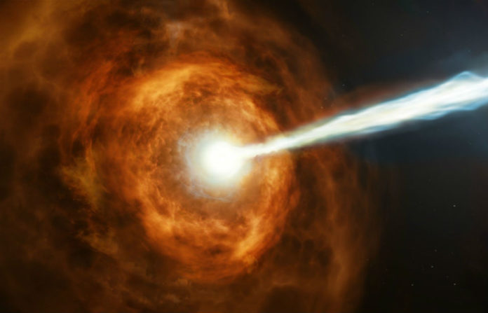 Concepción artística de una explosión de rayos gamma. Fonte: ESA/ Hubble. M. Kornmesser.