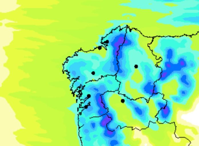 Está activado o aviso de nivel laranxa no interior de Pontevedra polos acumulados de chuvias. Fonte: MeteoGalicia.