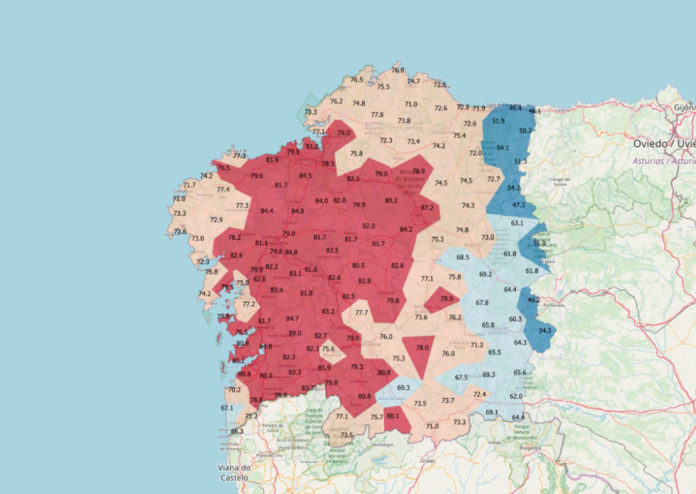 Mapa do índice de semellanza de cada dialecto coa variedade estándar. Fonte: Xulio Sousa / ILG.