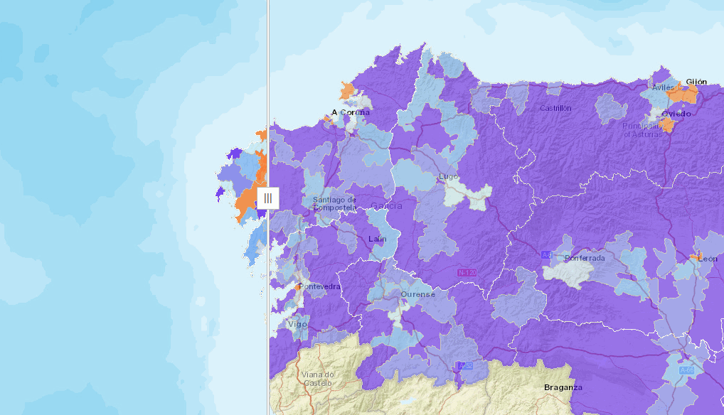 Os mapas permiten comparar en cada área a poboación que chega e sae. Fonte: INE.