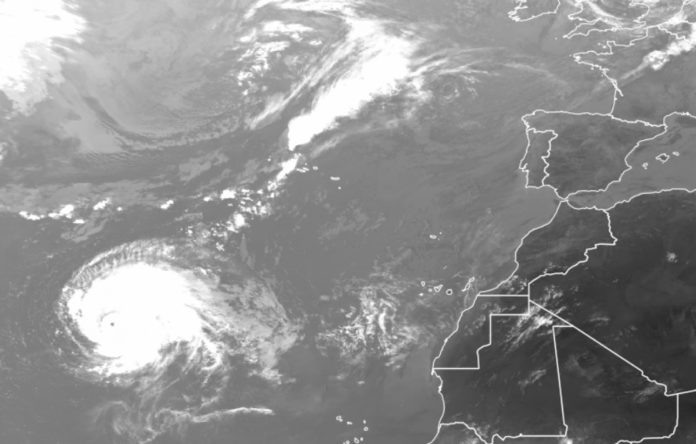 Imaxe do furacán Lorenzo, o 29 de setembro de 2019 no Atlántico. Foi o furacán de categoría 5 máis preto de Europa desde que existen rexistros. Fonte: Eumetsat.