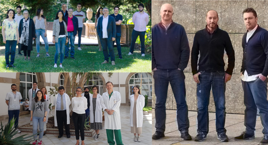 Fotografía dos membros tres proxectos premiados. Arriba á esquerda, grupo Paraquasil da USC, debaixo, grupo CellCOM do Inibic, e membros da empresa Releyeble. Fotos: RAGC.