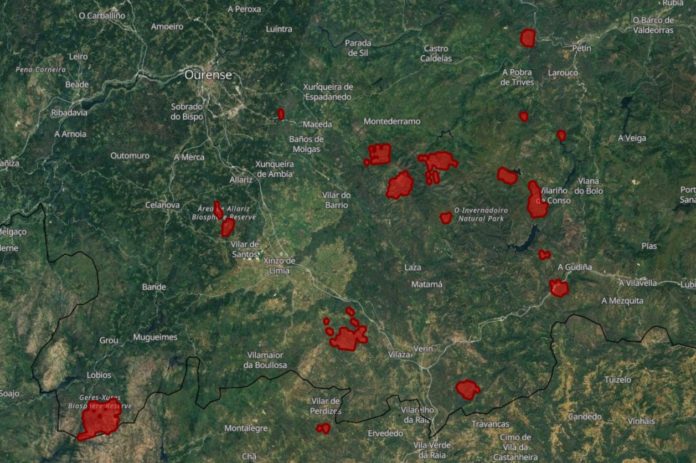 Estimación da superficie queimada nos principais incendios rexistrados en Ourense desde o sábado, segundo o sistema EFFIS do satélite Copernicus.
