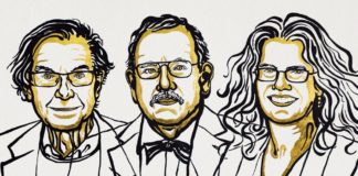 Roger Penrose, Reinhard Genzel e Andrea Ghez. Ilustración de Niklas Elmehed/Nobel Media.