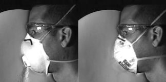 As imaxes amosan a diferenza cun tipo de máscara N95 con válvula (esquerda) e outra N95 sen ela á hora de exhalar partículas sen filtrar. Fonte: M. Staymates/NIST.