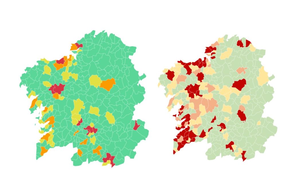 Situación nos concellos segundo os niveis de alerta marcados pola Xunta; á esquerda, mapa do 9-10, á dereita, o do 3-11.