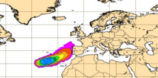 Modelo ECMWF para o vindeiro sábado, amosando as probabilidades da actividade do ciclón tropical. Fonte: ECMWF.