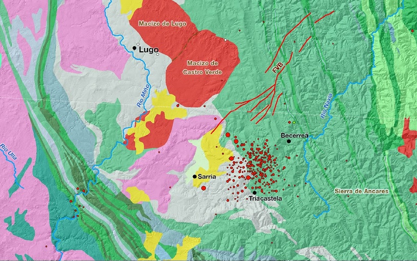 Mapa xeolóxico e tectónico da zona de Becerreá, Sarria e Tricastela, onde se concentra a maior actividade sísmica de Galicia. Fonte: IGN.