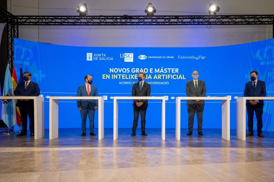 Os reitores das tres universidades, o presidente da Xunta e o conselleiro de Educación, na sinatura do acordo. Foto: UDC.
