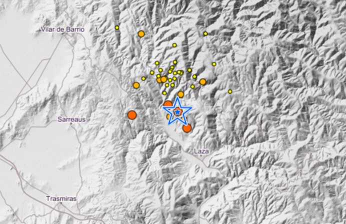 O terremoto de magnitude 3,9 na madrugada do venres 21 de maio tivo lugar en Laza, no marco do enxame sísmico da zona. Fonte: IGN.