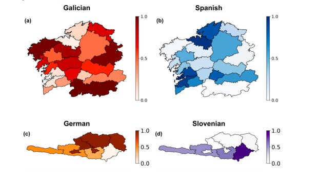 Distribución espacial da prevalencia lingüística dos falantes de galego (a) e castelán (b) en Galicia. O mesmo mapa para Carinthia cos falantes de alemán (c) e esloveno (d). Nas dúas rexións, as linguas están distribuídas en patróns complementarios.