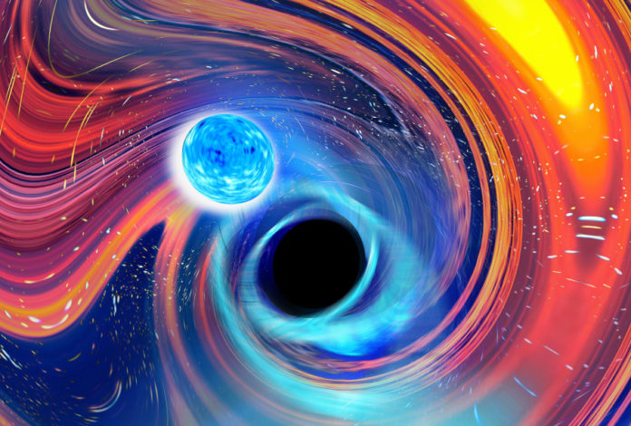 Imaxe artística inspirada nun evento de fusión dun buraco negro e unha estrela de neutróns. Créditos: Carl Knox, OzGrav, Universidade de Swinburne.