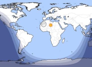 Luz solar ás 11.15 UTC deste 8 de xullo. Fonte: timeanddate.com