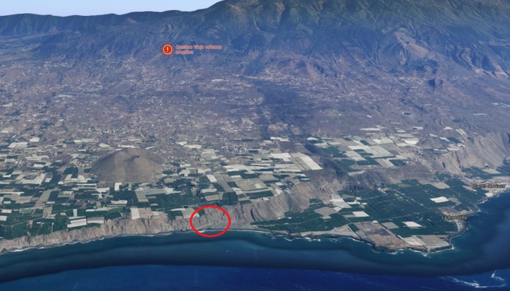 Zona aproximada da chegada da lava ao mar desde o punto da erupción. Fonte: Google Maps.