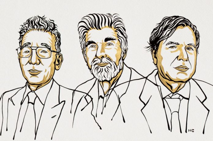Syukuro Manabe, Klaus Hasselmann e Giorgio Parisi. Ilustración de Niklas Elmehed © Nobel Prize Outreach.