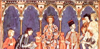 Afonso X ditando o "Libro de los juegos", nunha miniatura recollida neste libro que se atopa na biblioteca de El Escorial.