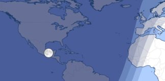 A eclipse parcial será visible en Galicia durante uns minutos, antes de que a Lúa se oculte baixo o horizonte. Fonte: timeanddate.com.
