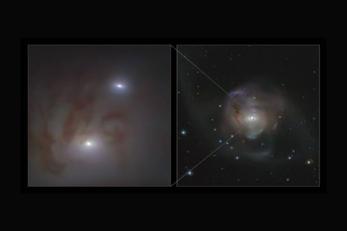 Vistas en primeiro plano (esquerda) e de amplio campo (dereita) dos dous núcleos galácticos brillantes que albergan, cada un, un burato negro supermasivo. / ESO/Voggel et al