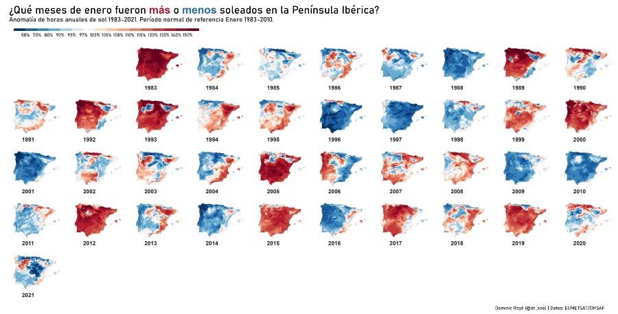 Os meses de xaneiro das últimas décadas, segundo as horas de sol. Crédito: Dominic Royé