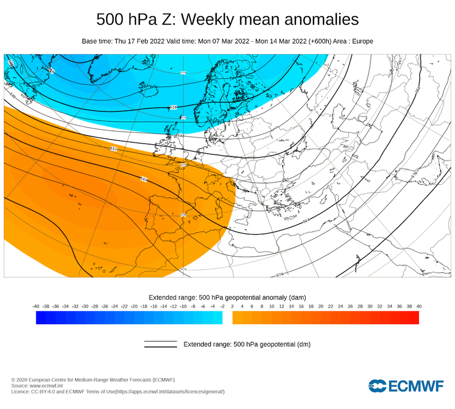 Figura 2. Predición das anomalías de presión a 500 hPa (5 000 km) para as próximas semanas. A cor azul corresponde a presións máis baixas e a vermella a presións máis altas do normal, ou sexa, a unha situación anticiclónica. Foto: ECMWF