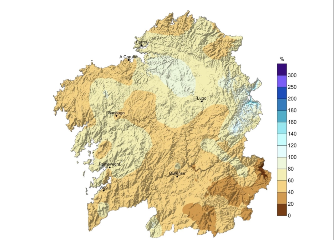 Porcentaxe de precipitación acumulada no inverno 2021-2022. Mapa de anomalías de precipitación en forma de porcentaxe respecto aos valores normais (1981-2010), sendo 100% a porcentaxe que representa a normalidade.