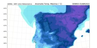 Mapa das anomalías de temperaturas do venres. Crédito: Meteogalicia