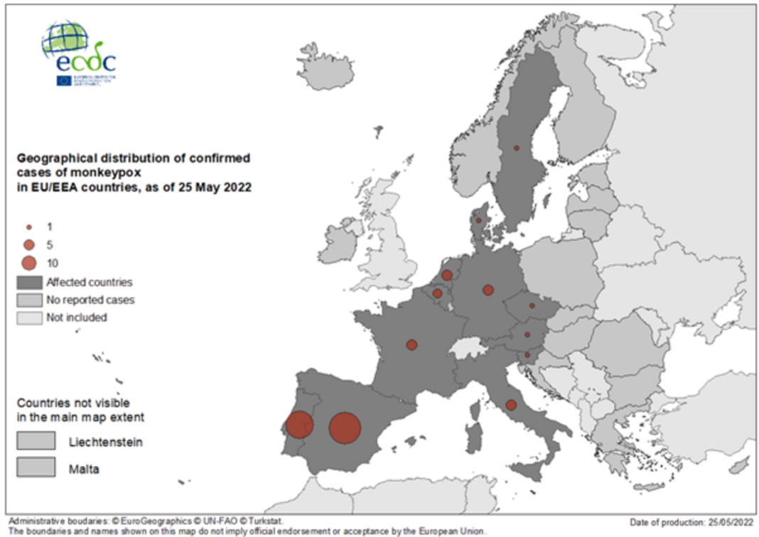 Distribución de casos confirmados de varíola do mono nos países da Unión Europea. Foto: ECDC