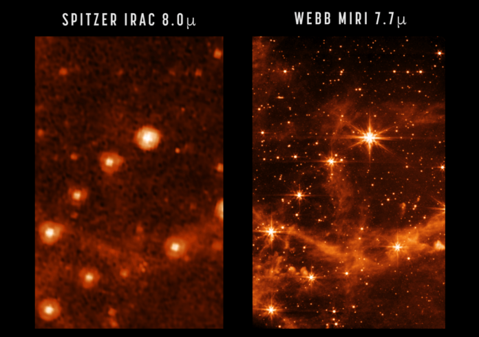 Comparación entre as imaxes infravermellas obtidas cos telescopios Spitzer (esquerda) e Webb (dereita, moito máis nítidas). Foto: NASA/JPL-Caltech/ESA/CSA/STScl