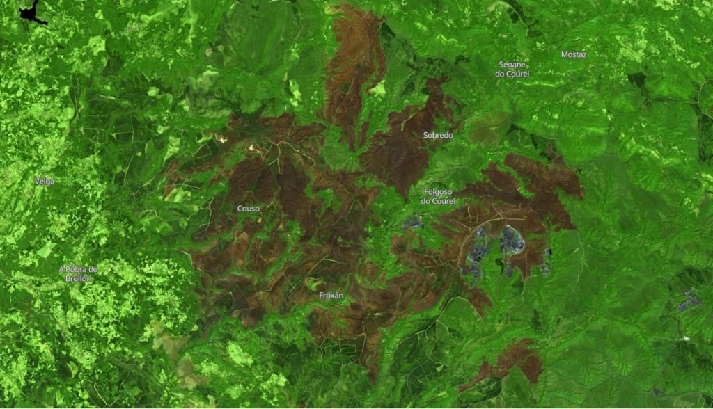 Superficie queimada no incendio do Courel. Crédito: Sentinel-2
