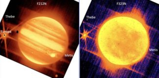 A imaxe da esquerda foi tomada utilizando un filtro que resalta as lonxitudes de onda curtas. Por outro lado, a imaxe da dereita tomouse cun filtro que resalta lonxitudes de onda longas de luz. Fonte: NASA