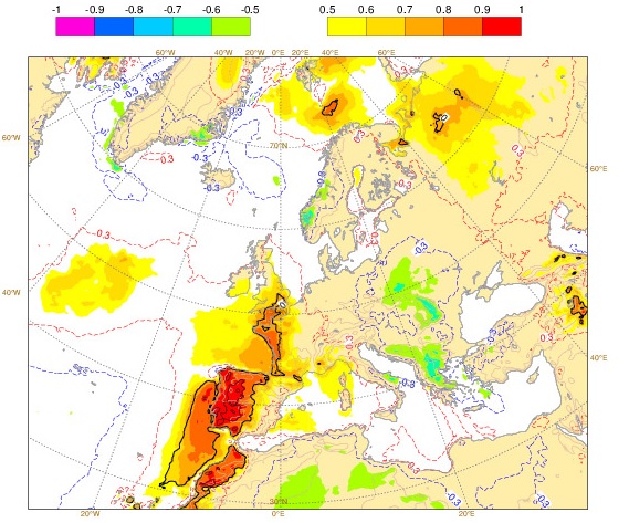 Mapa do inusual episodio de calor que se pode dar en Galicia a vindeira semana. Fonte: European Centre for Medium-Range Weather Forecasts (ECMWF)