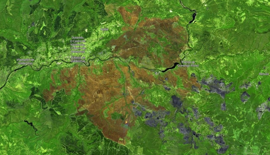 Superficie queimada no incendio de Valdeorras. Crédito: Sentinel-2