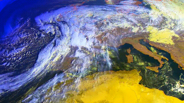 Animación das imaxes de satélite onde se ve como a fronte asociada á borrasca centrada ó oeste de Irlanda foi atravesando Galicia | Meteogalicia