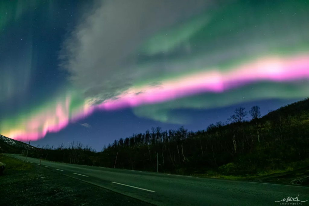 Outra vista das auroras rosas en Noruega. Crédito: Markus Varik/Greenlander