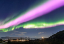 Unha das espectaculares auroras boreais rosas que se viron no ceo de Noruega a principios de novembro. Crédito: Markus Varik/Greenlander