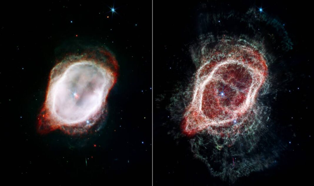 O telescopio espacial James Webb ofrece vistas radicalmente distintas da nebulosa do Anel Sur. Na imaxe da esquerda destaca o gas moi quente que rodea as dúas estrelas centrais e na dereita trázanse os fluxos moleculares dispersos da estrela. Crédito: NASA, ESA, CSA, y O. De Marco (Macquarie University), J. DePasquale (STScI)