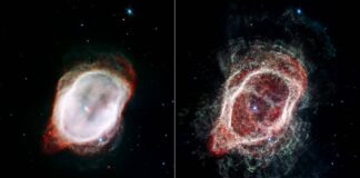 O telescopio espacial James Webb ofrece vistas radicalmente distintas da nebulosa do Anel Sur. Na imaxe da esquerda destaca o gas moi quente que rodea as dúas estrelas centrais e na dereita trázanse os fluxos moleculares dispersos da estrela. Crédito: NASA, ESA, CSA, y O. De Marco (Macquarie University), J. DePasquale (STScI)