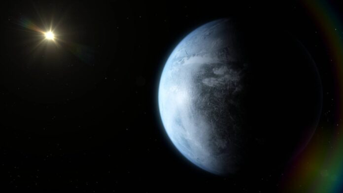 Recreación dun planeta de tamaño similar á Terra na zona habitable dunha anana vermella próxima. Crédito: Render Area /CARMENES / J.A. Caballero