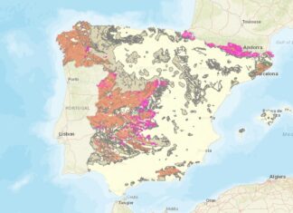 Mapa do potencial de radón en España, sendo Galicia unha das comunidades máis afectadas. Crédito: CSN