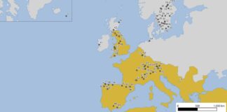 En amarelo, territorios do Imperio Romano no 200 dC. Os puntos negros indican picos de contaminación durante a época dos romanos.