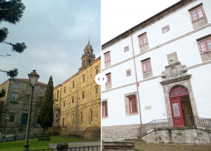 Museo do Pobo Galego, en San Domingos de Bonaval. A la izquierda, la fachda en piedra antes de la restauración. A la derecha, después de las obras, ya en color blanca.