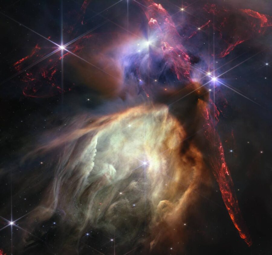 Complexo de nubes Rho Ophiuchi, a rexión de formación estelar máis próxima á Terra captada polo James Webb. Foto: NASA, ESA, CSA, STSc e K. Pontoppidan (STScl)