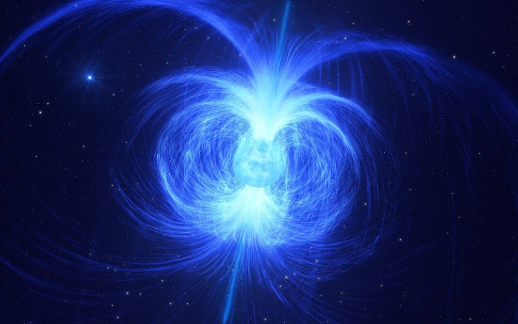 Reprodución artística da estrela masiva recentemente descuberta co campo magnético máis forte xamais atopado neste tipo de obxectos. Foto: ESO / L. Calçada