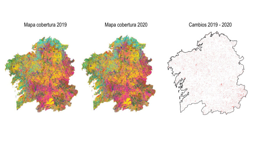 Mapas da cobertura forestal de Galicia entre 2019 e 2020. Á dereita, os cambios que se produciron dun ano ao outro.